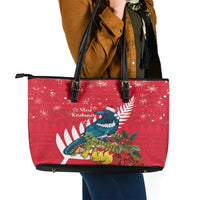 New Zealand Christmas In July Leather Tote Bag Tui Bird With Kowhai Meri Kirihimete LT14 - Polynesian Pride
