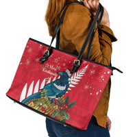 New Zealand Christmas In July Leather Tote Bag Tui Bird With Kowhai Meri Kirihimete LT14 - Polynesian Pride