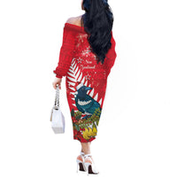 New Zealand Christmas In July Off The Shoulder Long Sleeve Dress Tui Bird With Kowhai Meri Kirihimete LT14 - Polynesian Pride