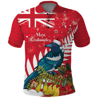 New Zealand Christmas In July Polo Shirt Tui Bird With Kowhai Meri Kirihimete LT14 Red - Polynesian Pride