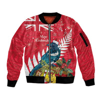 New Zealand Christmas In July Sleeve Zip Bomber Jacket Tui Bird With Kowhai Meri Kirihimete LT14 Unisex Red - Polynesian Pride