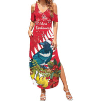 New Zealand Christmas In July Summer Maxi Dress Tui Bird With Kowhai Meri Kirihimete LT14 Women Red - Polynesian Pride