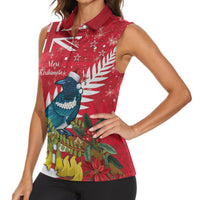 New Zealand Christmas In July Women Sleeveless Polo Shirt Tui Bird With Kowhai Meri Kirihimete LT14 - Polynesian Pride