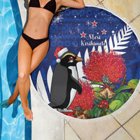 New Zealand Christmas In July Beach Blanket Fiordland Penguin With Pohutukawa Flower LT14 - Polynesian Pride