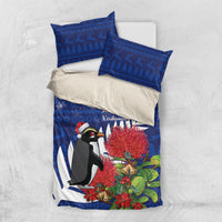 New Zealand Christmas In July Bedding Set Fiordland Penguin With Pohutukawa Flower LT14 US Twin 172cm x 218cm Blue - Polynesian Pride