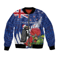 New Zealand Christmas In July Bomber Jacket Fiordland Penguin With Pohutukawa Flower LT14 Unisex Blue - Polynesian Pride