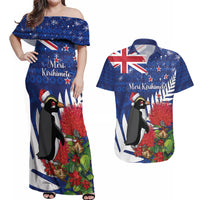 New Zealand Christmas In July Couples Matching Off Shoulder Maxi Dress and Hawaiian Shirt Fiordland Penguin With Pohutukawa Flower LT14 Blue - Polynesian Pride