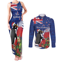 New Zealand Christmas In July Couples Matching Tank Maxi Dress and Long Sleeve Button Shirt Fiordland Penguin With Pohutukawa Flower LT14 Blue - Polynesian Pride