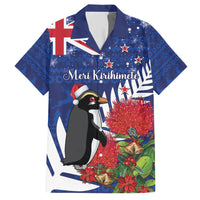 New Zealand Christmas In July Family Matching Short Sleeve Bodycon Dress and Hawaiian Shirt Fiordland Penguin With Pohutukawa Flower LT14 Dad's Shirt - Short Sleeve Blue - Polynesian Pride