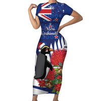 New Zealand Christmas In July Family Matching Short Sleeve Bodycon Dress and Hawaiian Shirt Fiordland Penguin With Pohutukawa Flower LT14 Mom's Dress Blue - Polynesian Pride