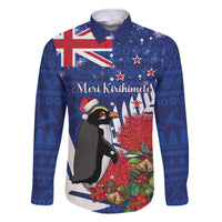New Zealand Christmas In July Family Matching Summer Maxi Dress and Hawaiian Shirt Fiordland Penguin With Pohutukawa Flower LT14 Dad's Shirt - Long Sleeve Blue - Polynesian Pride