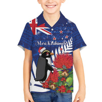 New Zealand Christmas In July Kid Hawaiian Shirt Fiordland Penguin With Pohutukawa Flower LT14 Kid Blue - Polynesian Pride