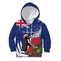 New Zealand Christmas In July Kid Hoodie Fiordland Penguin With Pohutukawa Flower LT14 Hoodie Blue - Polynesian Pride