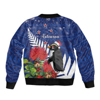 New Zealand Christmas In July Sleeve Zip Bomber Jacket Fiordland Penguin With Pohutukawa Flower LT14 - Polynesian Pride
