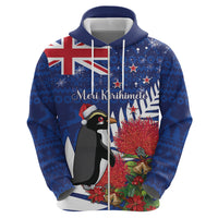 New Zealand Christmas In July Zip Hoodie Fiordland Penguin With Pohutukawa Flower LT14 - Polynesian Pride