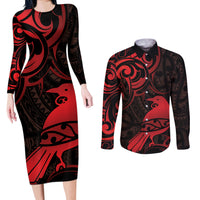 New Zealand Tui Bird Couples Matching Long Sleeve Bodycon Dress and Long Sleeve Button Shirt Aotearoa Maori Pattern - Red LT14 Red - Polynesian Pride