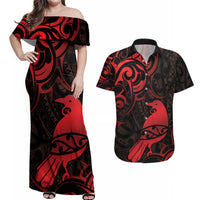 New Zealand Tui Bird Couples Matching Off Shoulder Maxi Dress and Hawaiian Shirt Aotearoa Maori Pattern - Red LT14 Red - Polynesian Pride