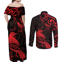 New Zealand Tui Bird Couples Matching Off Shoulder Maxi Dress and Long Sleeve Button Shirt Aotearoa Maori Pattern - Red LT14 - Polynesian Pride