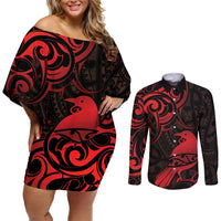New Zealand Tui Bird Couples Matching Off Shoulder Short Dress and Long Sleeve Button Shirt Aotearoa Maori Pattern - Red LT14 Red - Polynesian Pride