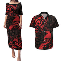 New Zealand Tui Bird Couples Matching Puletasi and Hawaiian Shirt Aotearoa Maori Pattern - Red LT14 Red - Polynesian Pride