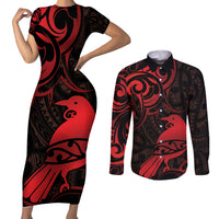 New Zealand Tui Bird Couples Matching Short Sleeve Bodycon Dress and Long Sleeve Button Shirt Aotearoa Maori Pattern - Red LT14 Red - Polynesian Pride
