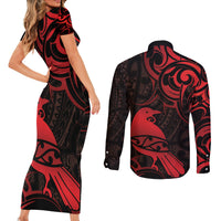 New Zealand Tui Bird Couples Matching Short Sleeve Bodycon Dress and Long Sleeve Button Shirt Aotearoa Maori Pattern - Red LT14 - Polynesian Pride