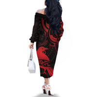 New Zealand Tui Bird Family Matching Off The Shoulder Long Sleeve Dress and Hawaiian Shirt Aotearoa Maori Pattern - Red LT14 - Polynesian Pride