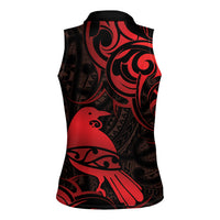 New Zealand Tui Bird Women Sleeveless Polo Shirt Aotearoa Maori Pattern - Red LT14 - Polynesian Pride