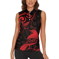 New Zealand Tui Bird Women Sleeveless Polo Shirt Aotearoa Maori Pattern - Red LT14 - Polynesian Pride