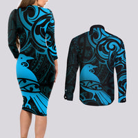 New Zealand Tui Bird Couples Matching Long Sleeve Bodycon Dress and Long Sleeve Button Shirt Aotearoa Maori Pattern - Blue LT14 - Polynesian Pride