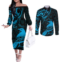 New Zealand Tui Bird Couples Matching Off The Shoulder Long Sleeve Dress and Long Sleeve Button Shirt Aotearoa Maori Pattern - Blue LT14 Blue - Polynesian Pride