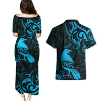 New Zealand Tui Bird Couples Matching Puletasi and Hawaiian Shirt Aotearoa Maori Pattern - Blue LT14 - Polynesian Pride
