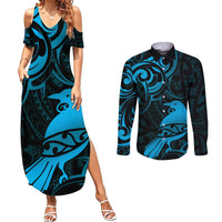 New Zealand Tui Bird Couples Matching Summer Maxi Dress and Long Sleeve Button Shirt Aotearoa Maori Pattern - Blue LT14 Blue - Polynesian Pride