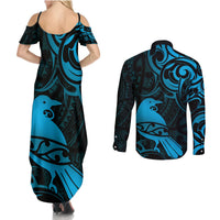 New Zealand Tui Bird Couples Matching Summer Maxi Dress and Long Sleeve Button Shirt Aotearoa Maori Pattern - Blue LT14 - Polynesian Pride