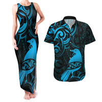 New Zealand Tui Bird Couples Matching Tank Maxi Dress and Hawaiian Shirt Aotearoa Maori Pattern - Blue LT14 Blue - Polynesian Pride