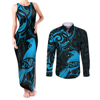 New Zealand Tui Bird Couples Matching Tank Maxi Dress and Long Sleeve Button Shirt Aotearoa Maori Pattern - Blue LT14 Blue - Polynesian Pride