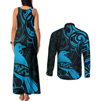 New Zealand Tui Bird Couples Matching Tank Maxi Dress and Long Sleeve Button Shirt Aotearoa Maori Pattern - Blue LT14 - Polynesian Pride