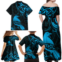 New Zealand Tui Bird Family Matching Off Shoulder Maxi Dress and Hawaiian Shirt Aotearoa Maori Pattern - Blue LT14 - Polynesian Pride