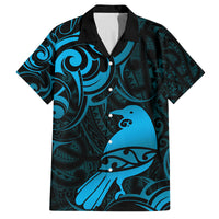 New Zealand Tui Bird Family Matching Off Shoulder Short Dress and Hawaiian Shirt Aotearoa Maori Pattern - Blue LT14 Dad's Shirt - Short Sleeve Blue - Polynesian Pride
