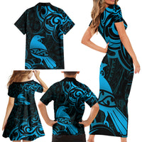 New Zealand Tui Bird Family Matching Short Sleeve Bodycon Dress and Hawaiian Shirt Aotearoa Maori Pattern - Blue LT14 - Polynesian Pride