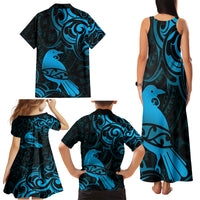 New Zealand Tui Bird Family Matching Tank Maxi Dress and Hawaiian Shirt Aotearoa Maori Pattern - Blue LT14 - Polynesian Pride