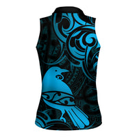 New Zealand Tui Bird Women Sleeveless Polo Shirt Aotearoa Maori Pattern - Blue LT14 - Polynesian Pride