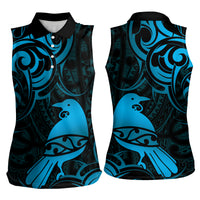 New Zealand Tui Bird Women Sleeveless Polo Shirt Aotearoa Maori Pattern - Blue LT14 - Polynesian Pride
