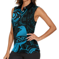 New Zealand Tui Bird Women Sleeveless Polo Shirt Aotearoa Maori Pattern - Blue LT14 - Polynesian Pride