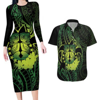 Kia Orana Kuki Airani Couples Matching Long Sleeve Bodycon Dress and Hawaiian Shirt Cook Islands Tangaroa God Tatau Green LT14 Green - Polynesian Pride