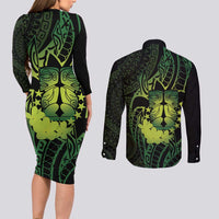 Kia Orana Kuki Airani Couples Matching Long Sleeve Bodycon Dress and Long Sleeve Button Shirt Cook Islands Tangaroa God Tatau Green LT14 - Polynesian Pride