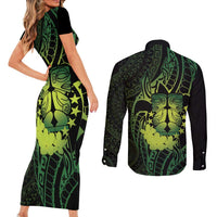 Kia Orana Kuki Airani Couples Matching Short Sleeve Bodycon Dress and Long Sleeve Button Shirt Cook Islands Tangaroa God Tatau Green LT14 - Polynesian Pride