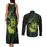 Kia Orana Kuki Airani Couples Matching Tank Maxi Dress and Long Sleeve Button Shirt Cook Islands Tangaroa God Tatau Green LT14 - Polynesian Pride