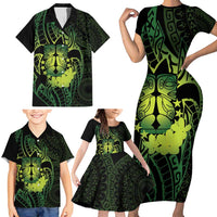 Kia Orana Kuki Airani Family Matching Short Sleeve Bodycon Dress and Hawaiian Shirt Cook Islands Tangaroa God Tatau Green LT14 - Polynesian Pride