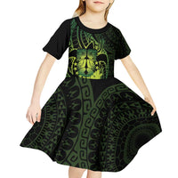 Kia Orana Kuki Airani Kid Short Sleeve Dress Cook Islands Tangaroa God Tatau Green LT14 - Polynesian Pride